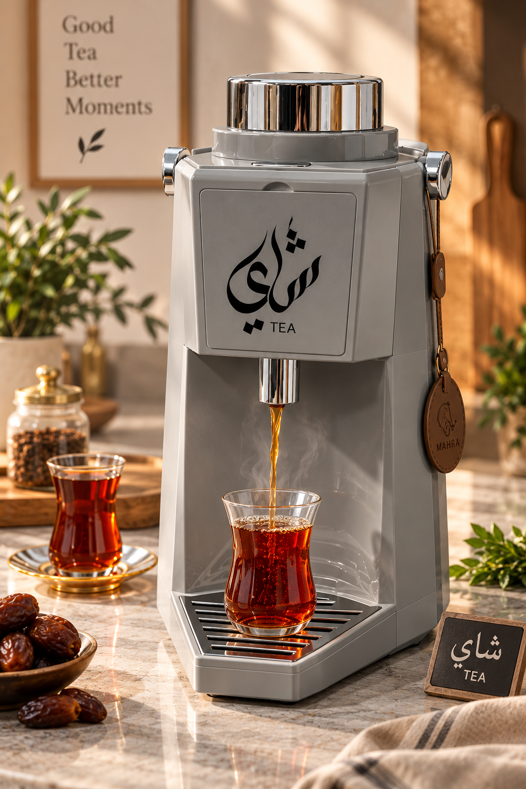 دالة المشروبات مع لوحات للشاي والكرك والقهوة