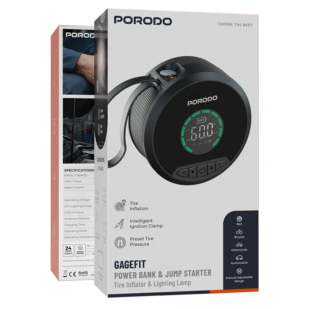 مشغل بطارية السيارة مع  منفاخ إطارات وباور بانك  وكشاف إضاءة – Porodo Gagefit